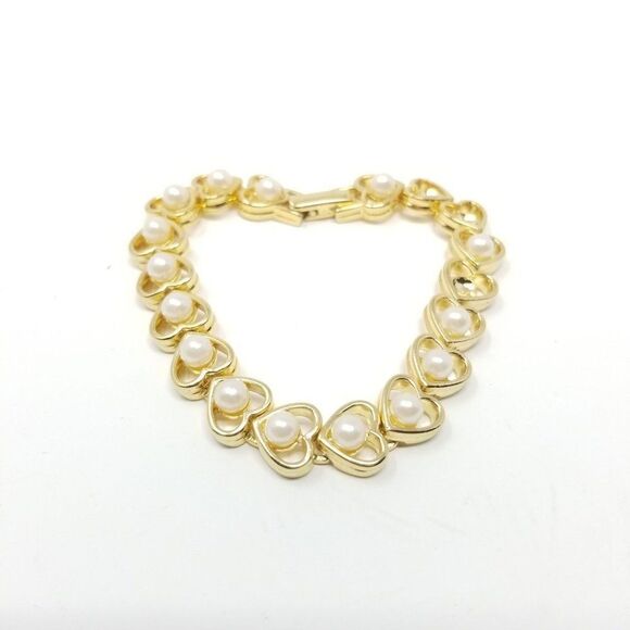 Vintage Heart Shaped Link Gold Tone Bracelet with Faux Pearls, Missing some - Picture 1 of 5